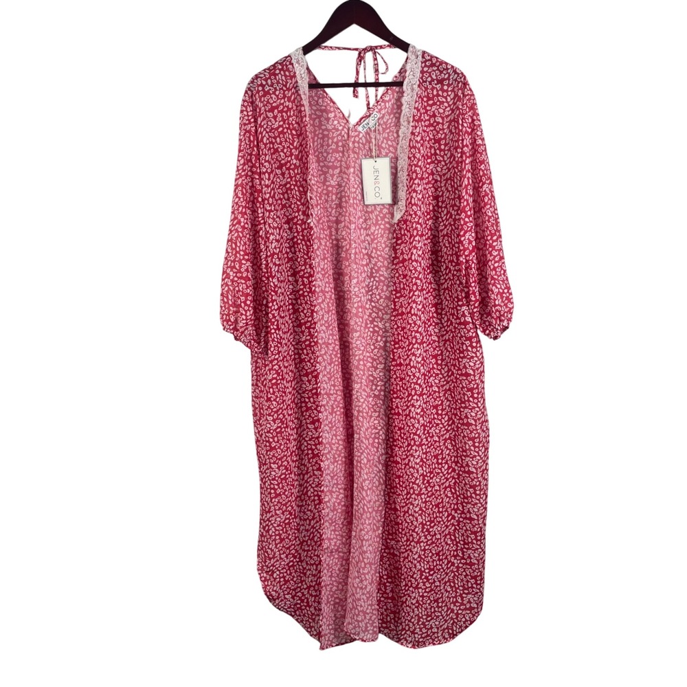Jen & Co Pink Lace Trim Kimono Cover‎ Up NWT PETA Approved Vegan Boho Resort